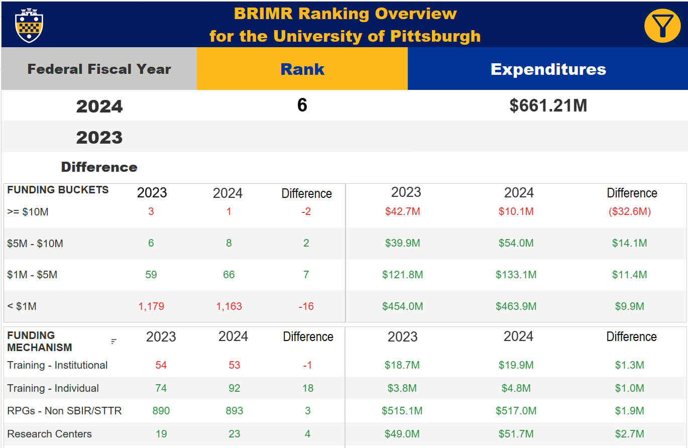 Screenshot of the top of the BRIMR Ranking Overview for Pitt
