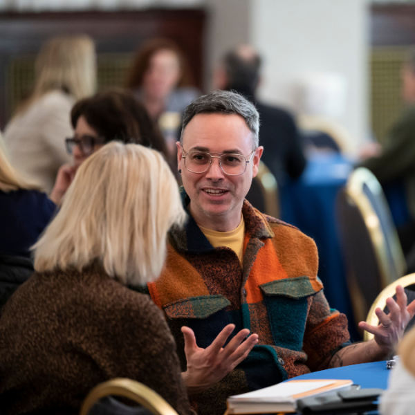 people talking at table