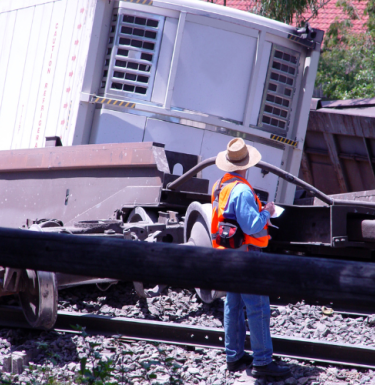 person standing in front of train derailment