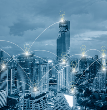 city with imagery of lightbulbs